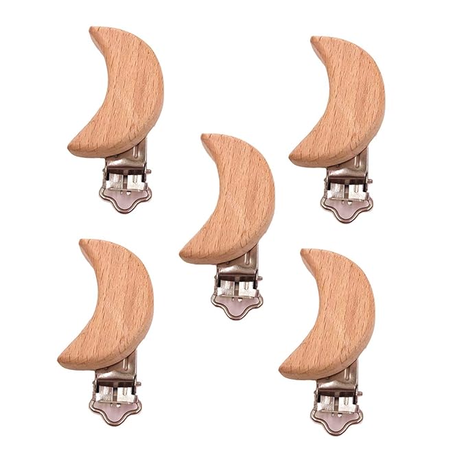 5pcs Natural Wood Suspender Pacifier Clips Cute Beech Wooden Animal Moon Shape Clips Charm DIY Beading Pacifier Chain Accessory