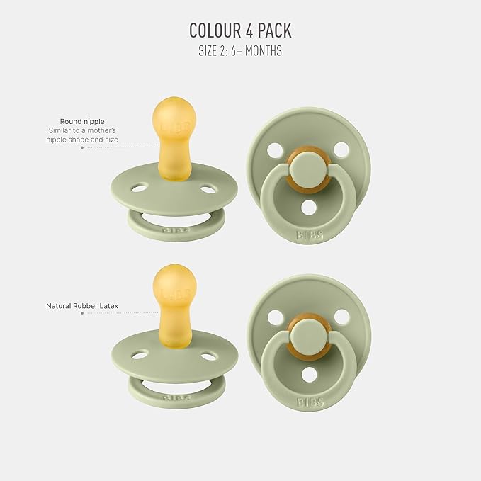BIBS Pacifiers - Colour 4-Pack | BPA Free Baby Pacifier | Round Nipple Binkies | Natural Rubber Latex Soother | Made in Denmark | Size 6-18 Months | Sage