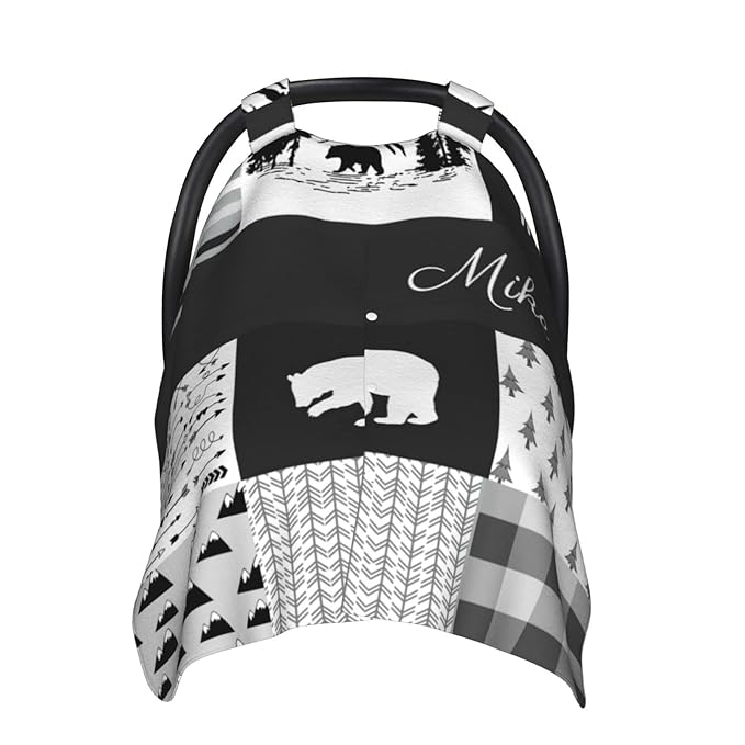 Personalized Woodland Theme Baby Car Seat Canopy for Babies with Name, Custom Bear Baby Car Seat Covers for Boys Girls, Opening Minky Nursing Breastfeeding Cover Infant Carseat Canopies for Newborn