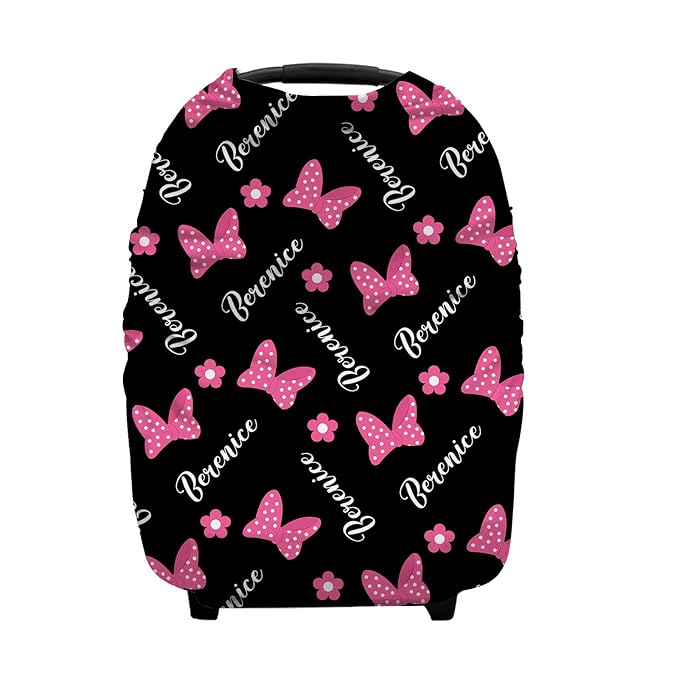Personalized Pink Bows Baby Car Seat Covers with Name, Custom Multiuse Nursing Breastfeeding Car seat Canopy, Infant Stroller Covers for Newborn Girl Boy, Ultra-Soft Breathable, Nursing Scarf