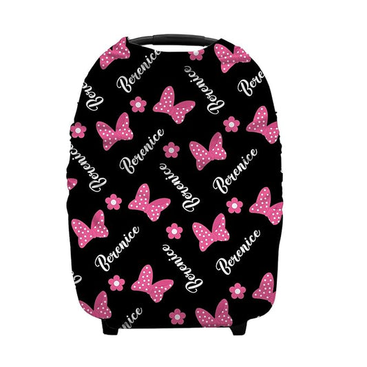 Personalized Pink Bows Baby Car Seat Covers with Name, Custom Multiuse Nursing Breastfeeding Car seat Canopy, Infant Stroller Covers for Newborn Girl Boy, Ultra-Soft Breathable, Nursing Scarf
