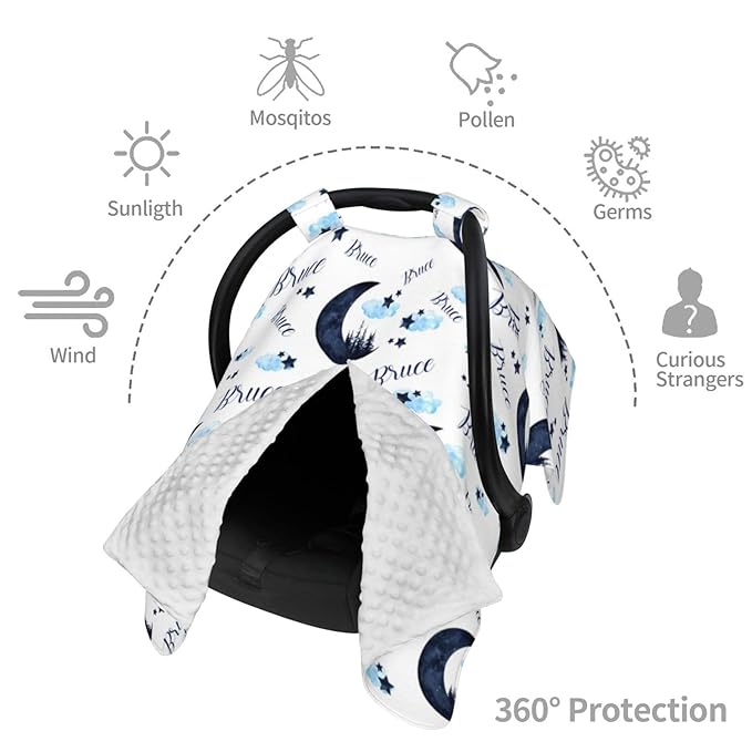 Personalized Baby Car Seat Canopy for Babies, Custom Name Baby Car Seats Covers for Boys Girls, Opening Minky Nursing Breastfeeding Cover for Infant, Carseat Canopies for Newborn (Moon Forest)