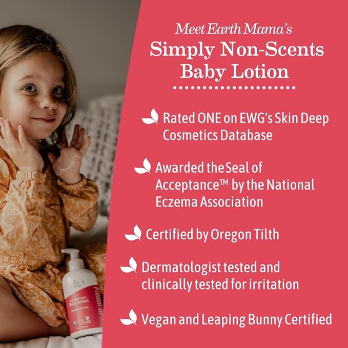 Earth Mama Simply Non-Scents Baby Lotion for Dry Skin, Calendula Cream for Newborn Skin Care, Children's Moisturizer with Aloe Juice, Rooibos, & Shea Butter, Fragrance Free, 8-Fl oz (2-Pk)
