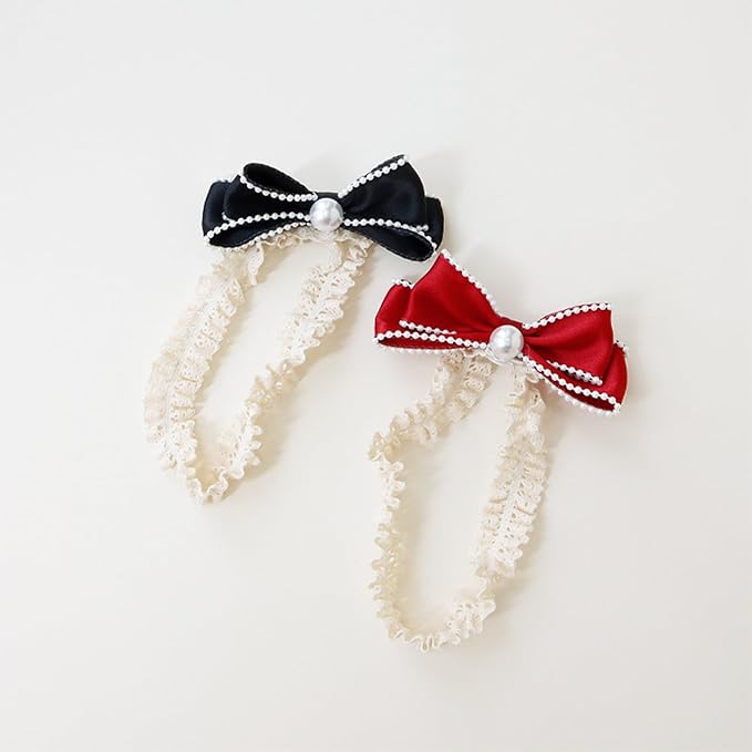 Bow Lace Headbands for Baby Girls Soft Tulle Ribbon Pearl Head Wrap Elastic Bow-knot Hair Band Shower Birthday Hair Accessory for Newborn Infant Toddler (Black B, Elastic)