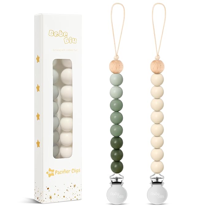 2 Pack Pacifier Clips, Silicone Pacifier Clip for Baby Boys and Girls, Baby Pacifier Strap with Silicone Beads, Soother Dummy Holder, Pacifier Holder, Keeps Pacifier Clean (Olive/Cream)