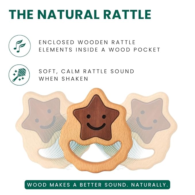 Handmade Montessori Wooden Baby Rattle 0–12 Months | Natural Beechwood Teether for Babies | Lightweight Star-Shaped Easy-Grip Infant Toy | Smooth Finish Sensory Play Toy | CPSIA & EN71 Tested