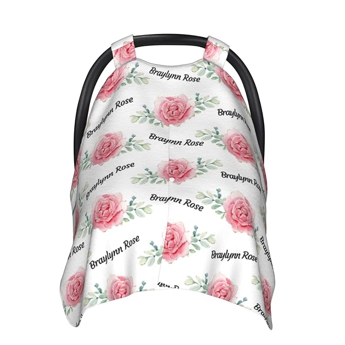 Personalized Flower Pink Rose Baby Infant Car Seats Canopy for Babies with Name, Custom Multi-use Blankets for Baby Girls, Peekaboo Minky Nursing Breastfeeding Stroller Cover Canopies for Newborn