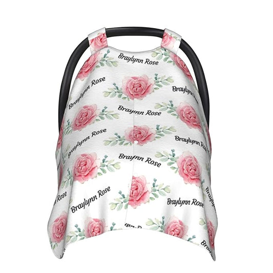 Personalized Flower Pink Rose Baby Infant Car Seats Canopy for Babies with Name, Custom Multi-use Blankets for Baby Girls, Peekaboo Minky Nursing Breastfeeding Stroller Cover Canopies for Newborn