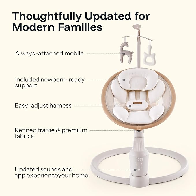 HARPPA Weddell Signature Baby Electric Swing for Newborns and Infants, Elevated Eye-Level Seat, 180° Rotation with Dual Motion, 5-Point Harness, 5 Speeds & Remote Control, Beige