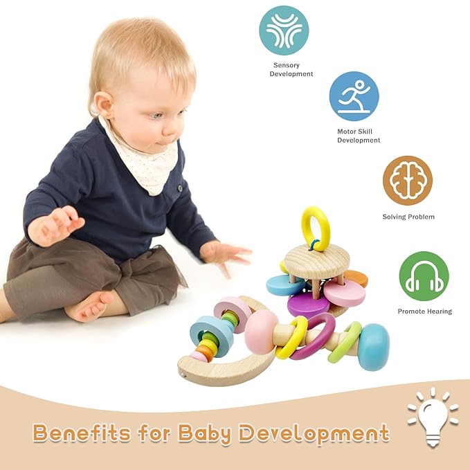 Wooden Baby Rattle, Organic Colorful Baby Rattles Set, Toddler Hand Wooden Rattles Toy Set for Infant Grasping, Sensory Development, Gift for Baby Boys Girls