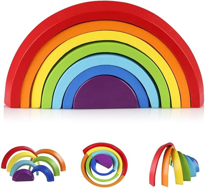 Coogam Wooden Rainbow Stacker Nesting Puzzle Blocks - Tunnel Stacking Game Building Creative Color Shape Matching Jigsaw Learning Toy Set Board Early Development for Kids Boy Girl
