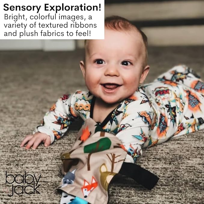 Baby Jack & Co 8x8” Forest Woodland Animal Lovey Tag Toys for Babies - Crinkle Toys for Developing 5 Senses - Soft & Safe - Learn Shapes & Colors - Soother & Tummy Time - BPA Free w/Stroller Clip