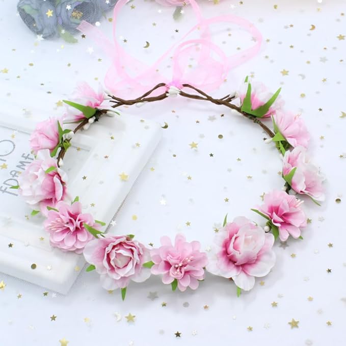 AKOAK 1 Pack Flower Crown, Bohemian Wreath for Girls Floral Tiara, Wedding Headband, Bride Bohemian Wreath/Baby Shower/Photo/Toddler (Pink)