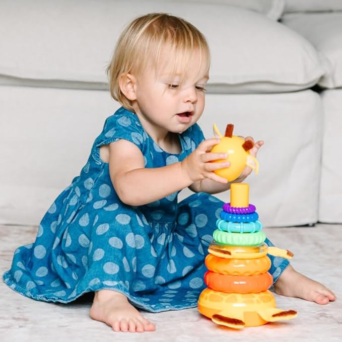 Move2Play, Stacking Toy, Includes 7 Unique Rings, Montessori Development, Baby Toy, Gift for 1 Year Old Boys & Girls, Ages 0-6+, 9, 10, 12, 18+ Months (Giraffe Stacker)