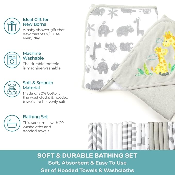Spasilk 23-Piece Soft Terry Hooded Bath Towel and Washcloth Gift Set, 3 Baby Towels and 20 Baby Washcloths for Unisex Newborn Bath Essentials, Ideal, Gray Giraffe Safari