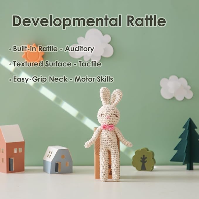 Crochet Sensory Rattle for Baby Early Development - Amigurumi Grip Toy - Soft Cotton Texture Shaker for Fine Motor Skills & Tactile Play - Newborn Essentials (Bunny & Giraffe)