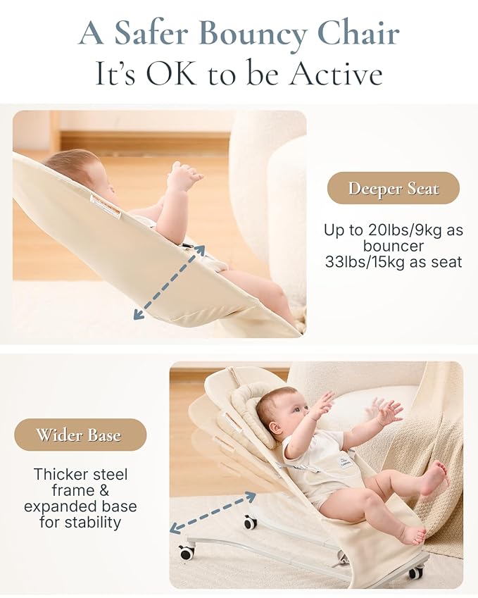 Cuddobaby Baby Bouncer Weelable |100% Cotton, Head Support Cushion| Soft Plushies, 3-Level Adjustable Bouncer Seat for Babies 0-12 Months, Bouncy Chair up to 20Lbs, Baby Shower - Oat