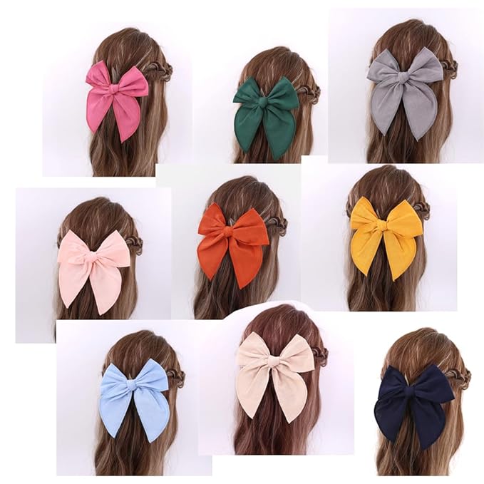12 PCS Large Fable Bow Hair Clip for Little Girl Kids Linen Velvet Hair Bows Barrettes Alligator Clips Baby Mom Women Hair Accessories (Linen 12 PCS)