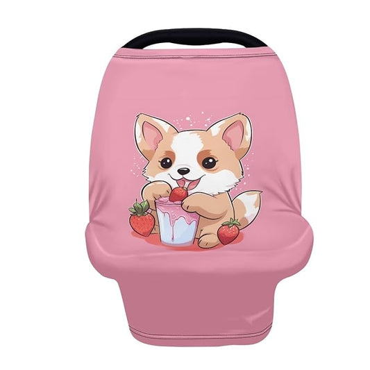 HUIACONG Strawberry Corgi Cat Car Seat Covers for Babies - Multi-use Breastfeeding Cover Pink Nursing Covers Cute Animal Stretchy Nursing Scarf Boys Girls Carseat Canopy