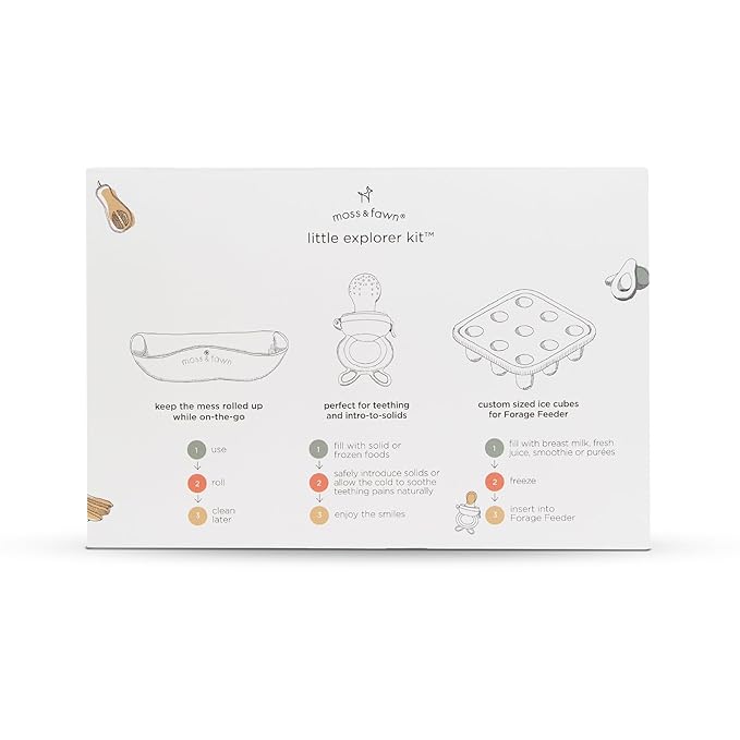 Moss and Fawn Little Explorer Kit - Silicone Frozen Breast Milk Popsicle Kit with Forage Feeder, Teething Popsicle Ice Cube Tray, & Gather & Roll Baby Feeding Bib - BPA, PVC, & Lead-Free - Terracotta