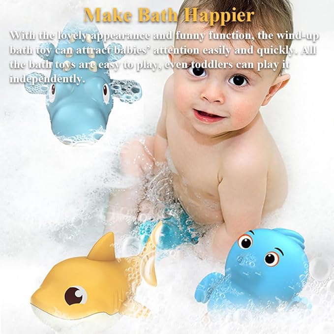 4 PCS Wind-Up Shark Bath Toys for Toddlers – 4-Pack Animal Swimming Water Toys, Battery-Free Wind Up Floating Bathtub Toys for Baby Boys Girls, Fun Shower Pool Gift Set (Shark)
