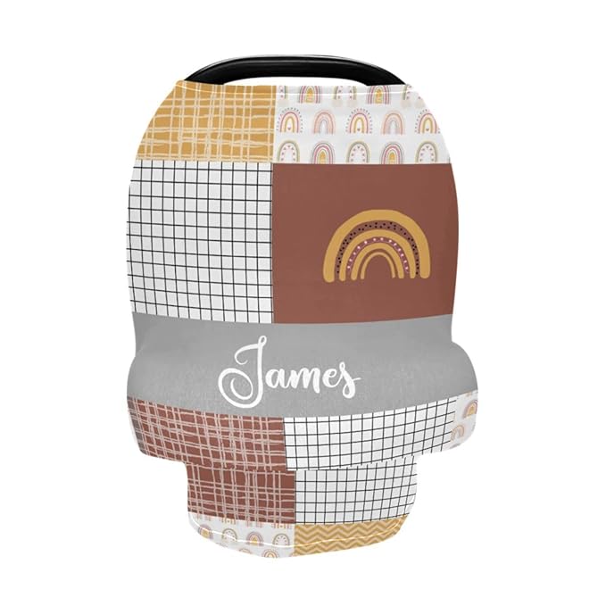 Personalized Car Seat Covers with Name for Babies- Customized Boho Rainbow Nursing Cover- Breast Feeding Essentials & Baby Necessities- Stroller Carseat Canopy for Infant Boys Girls