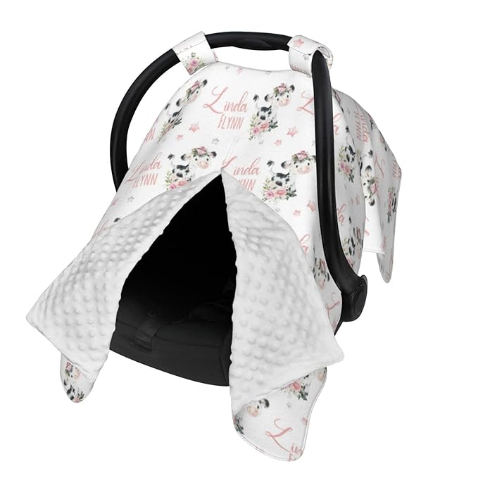 Personalized Baby Car Seat Canopy for Babies, Custom Name Floral Cow Baby Car Seat Covers for Girls, Opening Minky Nursing Breastfeeding Cover for Infant, Carseat Canopies for Newborn