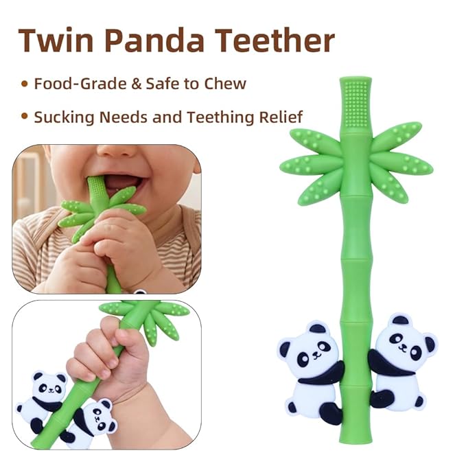 Baby Teether Toy Panda Shape Silicone Teething Toys for Babies 0-24 Months, Chew Toys for Infants Teething Relief, Hollow Tube Toothbrush Head for Gum Massage and Self-Brushing Training, Easy to Grip