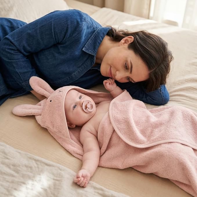 Hooded Baby Towels - 100% Organic Cotton Baby Bath Towels, 32" x 32" Super-Soft and Absorbent Baby Towels for Newborn 2-Pack (Rabbit Blush/Bear Baby Blue)