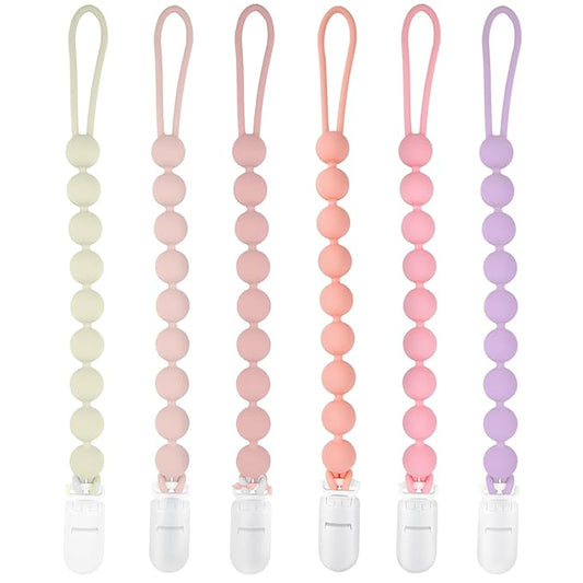 MINMUNJIU Silicone Pacifier Clip Holder, 6 Pack One Piece Soft Flexible Binky Clips Pacifier Holder Clip for Girls, Baby Girl Newborn Essentials