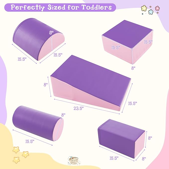 Costzon 5 Pieces Climbing Toys for Toddlers, Soft Foam Block Play Structures Infants Climbers for Child Development, Waterproof Kids Climbing Toys Indoor for Preschool Baby (Pink & Purple)