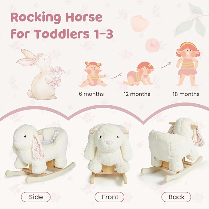 labebe Baby Rocking Horse, Plush Rabbit Animal Rocker, Wooden Rocking Horse with Seat Belt, Kid Ride On Toy for 12M+ Baby Girls, Nursery Birthday