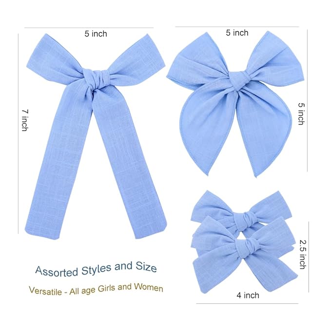 3 Styles Hair Bow Clips for Little Girls Toddler Baby Mom Women Hair Barrettes Accessories 4 Pcs Cotton Linen Bows Blue