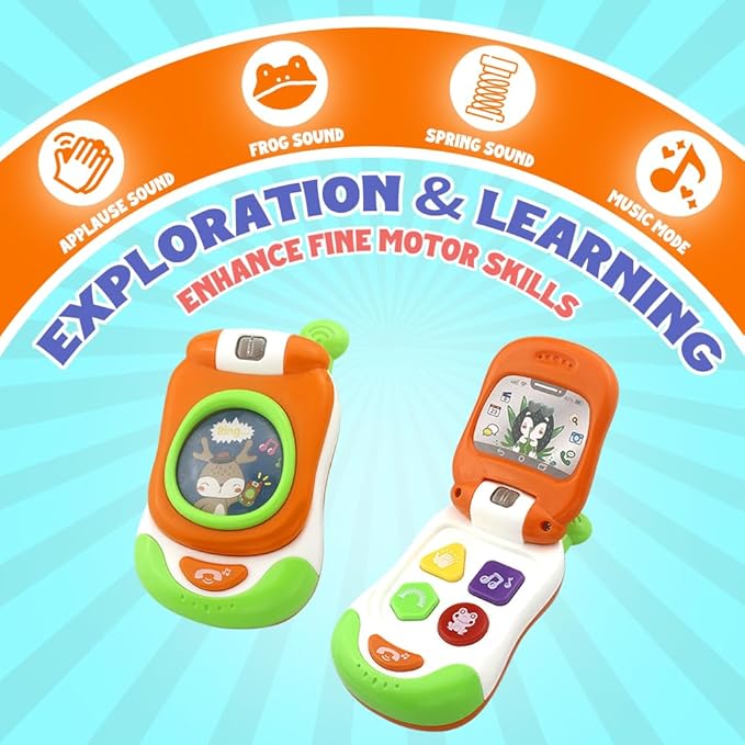 Baby Cell Phone Toy with musicial and Light, Flip Phone Educational Toddler Toys (Orange)