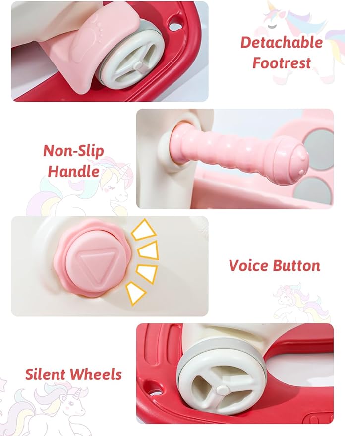 4 in 1 Rocking Horse for Toddlers 1-3 Years Old, Baby Rocking Toy Fun Birthday Gift for 1+ Kids, Ride on Toy with Guard Rails, Detachable Balance Board and Footrest with Push Handle (Pink)