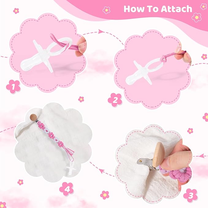 Pacifier Clip for Boys Girls Floral Daisy Macrame Baby Paci Clip Pacifier Holder Leash Boho Wooden Clips Handmade Braided Cotton Binky Clips (2pack:Pink Daisy × 2)