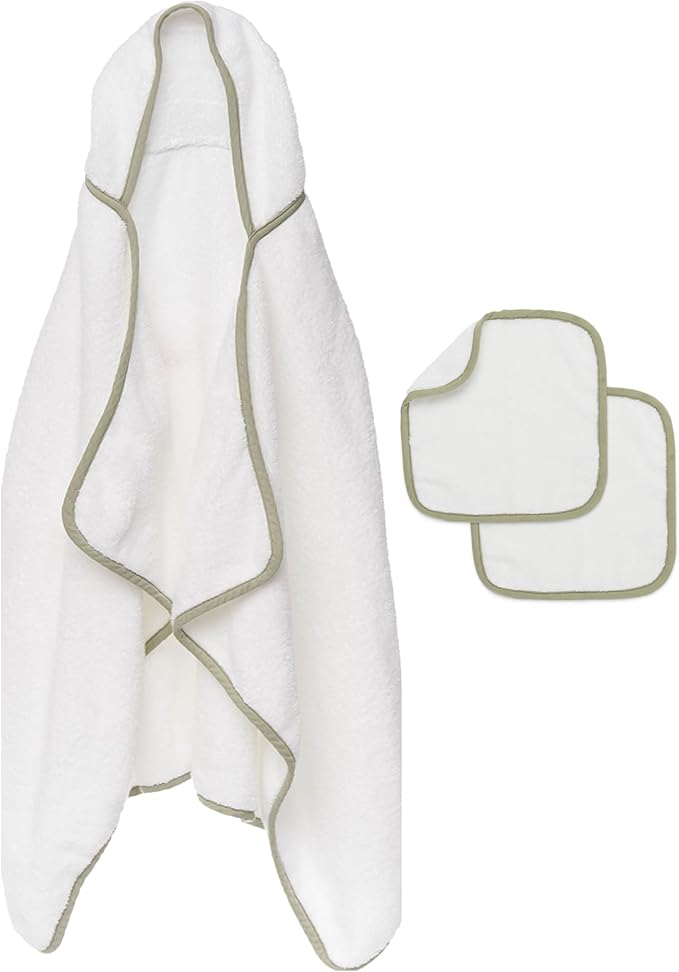 Lalo The Hooded Towel & Washcloth Set, 100% Organic Cotton, Soft on Sensitive Skin, Durable & Absorbent, Machine Washable, Includes One Baby Towel and Two Washcloths - Sage