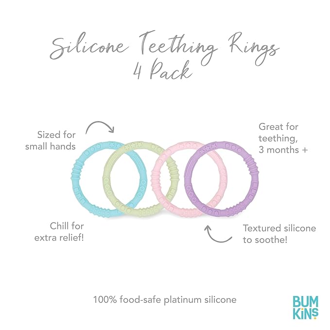 Bumkins Baby Teething Freezer Toy Keys Rings, Soft Flexible Pacifier to Chew, Cool Teether Gum Relief, Babies 3 Months, Freezable, Platinum Cured Silicone, Sensory Bracelet, 4-pk Pastels
