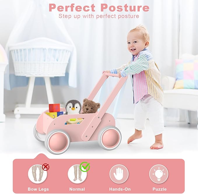 Wooden Baby Walker, Push and Pull Learning Walk Toys for Infants to Toddler, Walker with Wheels for Boys Girls, Gift for Birthday Christmas, Pink