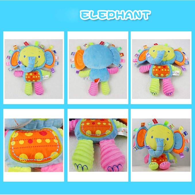 Baby Tags Toy, Taggie Security Blanket Elephant Stuffed Toy, Baby Plush Sensory Tag with Ribbons & Rattle, Toddler, Newborns, Infant