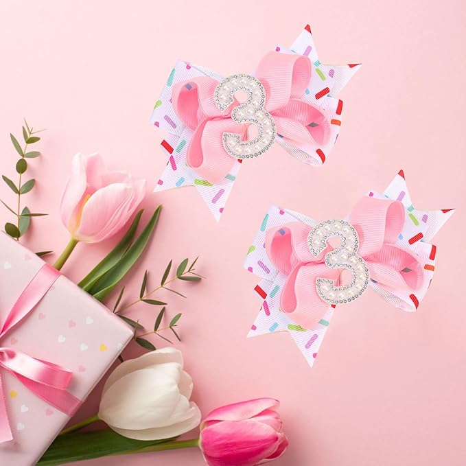 Birthday Pearl Hair Bow Clips for Baby Girls - 2Pcs Sweet Pink Hair Clips Number 3 Made of Many Small pearls for 3rd Birthday Bow Party Decorations for Girls Toddlers Hair Accessories