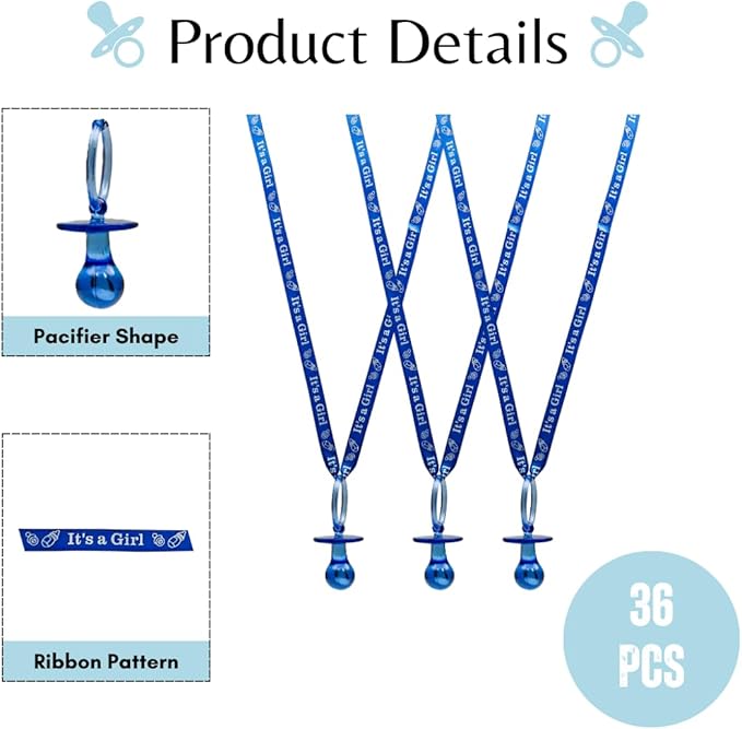 Lassos Boutique 36 Pieces It's a Girl Baby Shower Pacifiers Necklace Acrylic Baby Party Favors Charm Pacifiers Necklace Baby Shower Party Decorations Table Scatter (Royal Blue)