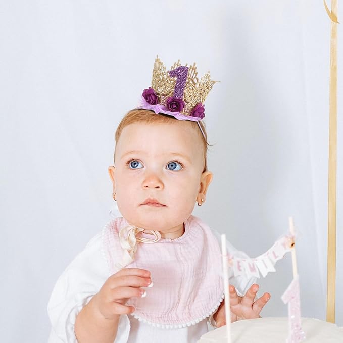 1st Birthday Tiara Headband for Baby Girl - Glitter Number Tiara, Flower Headband, Toddler Infant Kids Purple Hat