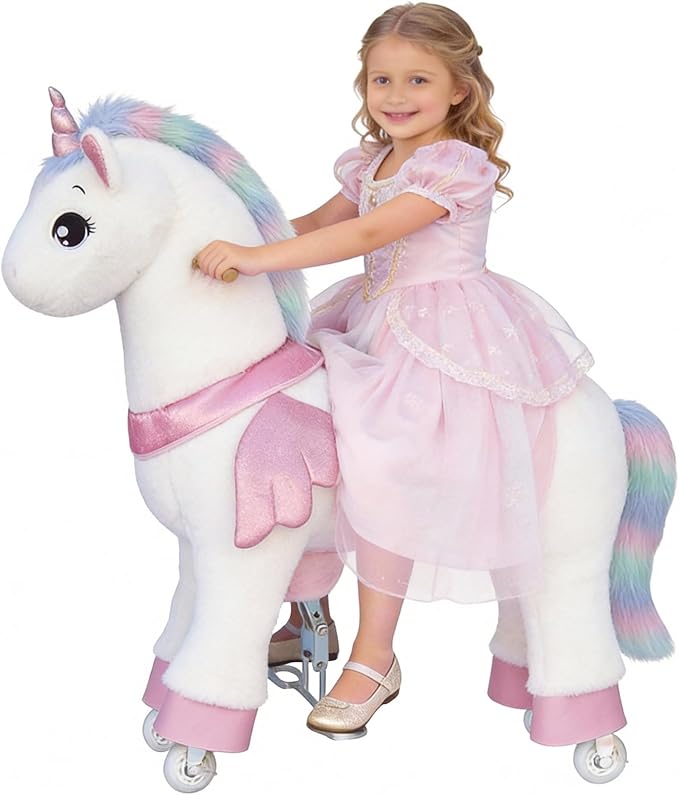 Ride on Unicorn Toys for Kids, Ride on Toy for Girls 4 to 9 Years Old, 36.6'' Height Riding Horse Rider Mechanical Walking Action Plush Animal, No Battery or Electricity, Max Load 165LBS - Colorful