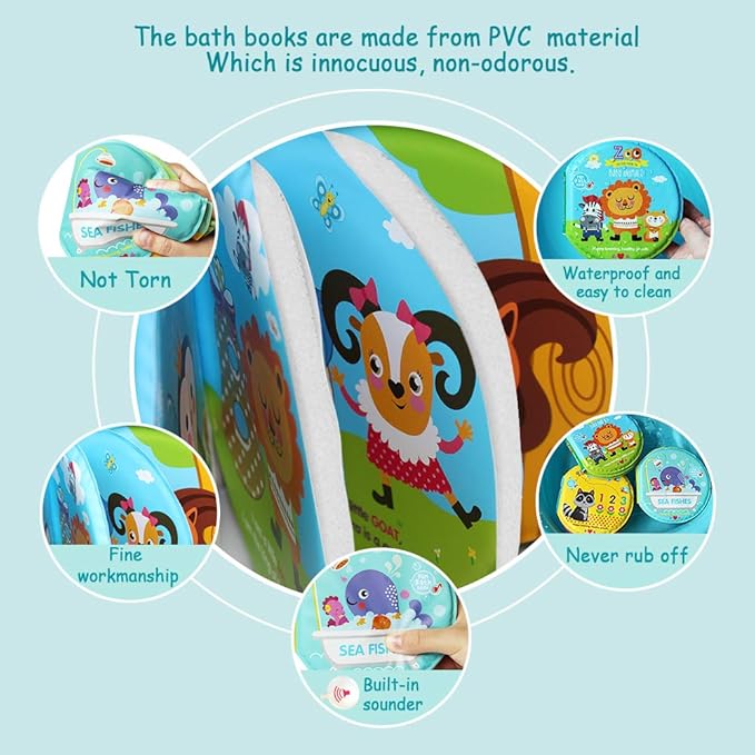 Baby Bath Books-3PCS,Bathtub Toys Floating Waterproof Educational Bath Toy Books for Toddlers-Zoo Books,Fish Books,Digital Books for Bath