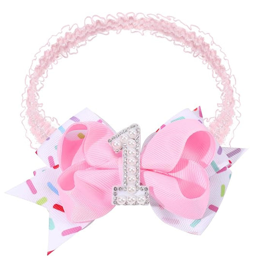 Hair Bows for Baby Girls Birthday - 1st Birthday Baby Girl Headband Sweet Theme with Ice Cream Party, Pink Hair Accessories for Baby Toddler 1 2 3 4 5 6 Years, Outfit & Decorations