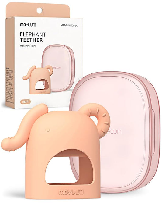Moyuum Silicone Elephant Grip Hand Teether Toy | Made in Korea, Provides Teething Relief, Wearable Teether is Easy to Hold, Drop Resistant with Adjustable Wrist Strap, Babies 3+ Months, Pink