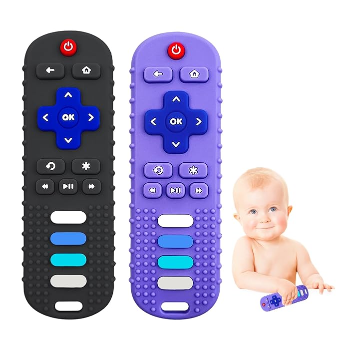 2-Pack Silicone Baby Teething Toys, Fire TV Remote Shape for 18 Months Infant, Toddlers, Boys and Girls Early Educational Sensory Toy (Black+Purple)