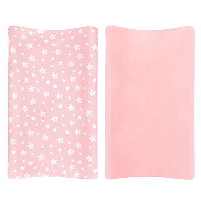 Changing Pad Cover for Girls 2 Pack, Lovely Print Soft Diaper Change Table Sheets, Fit 32"x16" Contoured Pad, Comfy Cozy 2-Pack Cradle Sheets,Pink&Pink Stars