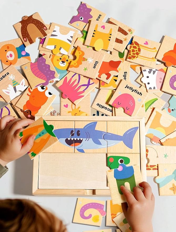 Montessori Wooden Puzzle for Toddlers, Wood Puzzle for Kids Ages 3-5, Animal Matching Game, Preschool Learning Toy, Educational Activity for 3 Year Old Boy Girl Birthday Gift, 48pc with Storage Box